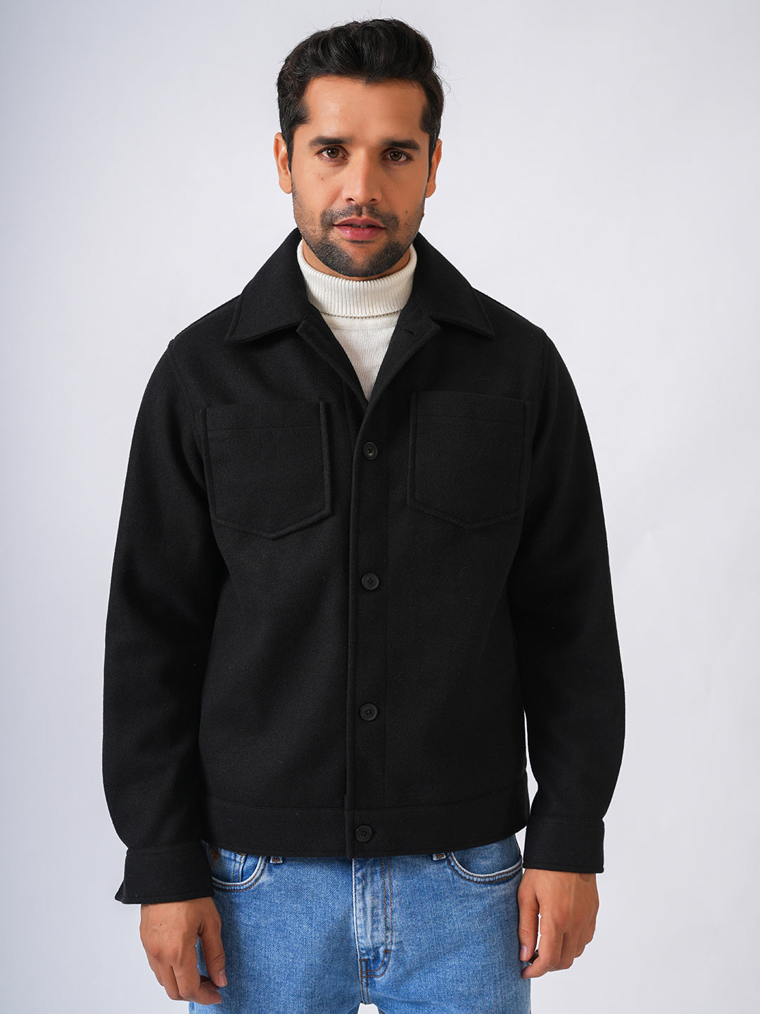 Black Solid Woolen Crop Jacket