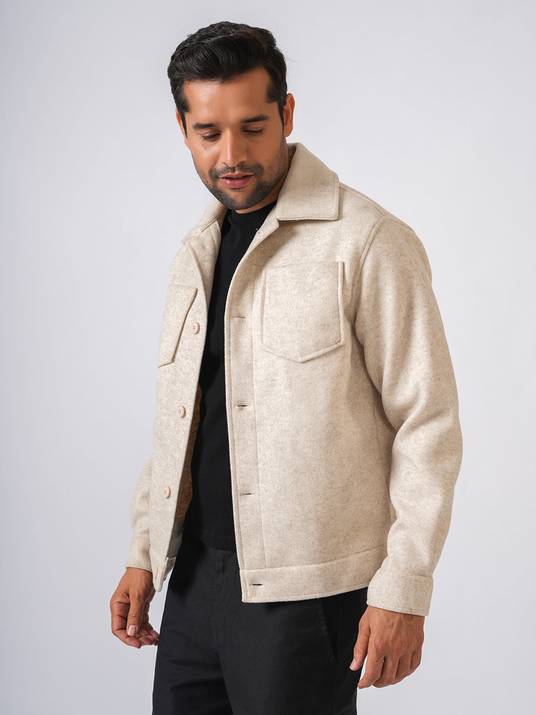 Cream Solid Woolen Crop Jacket