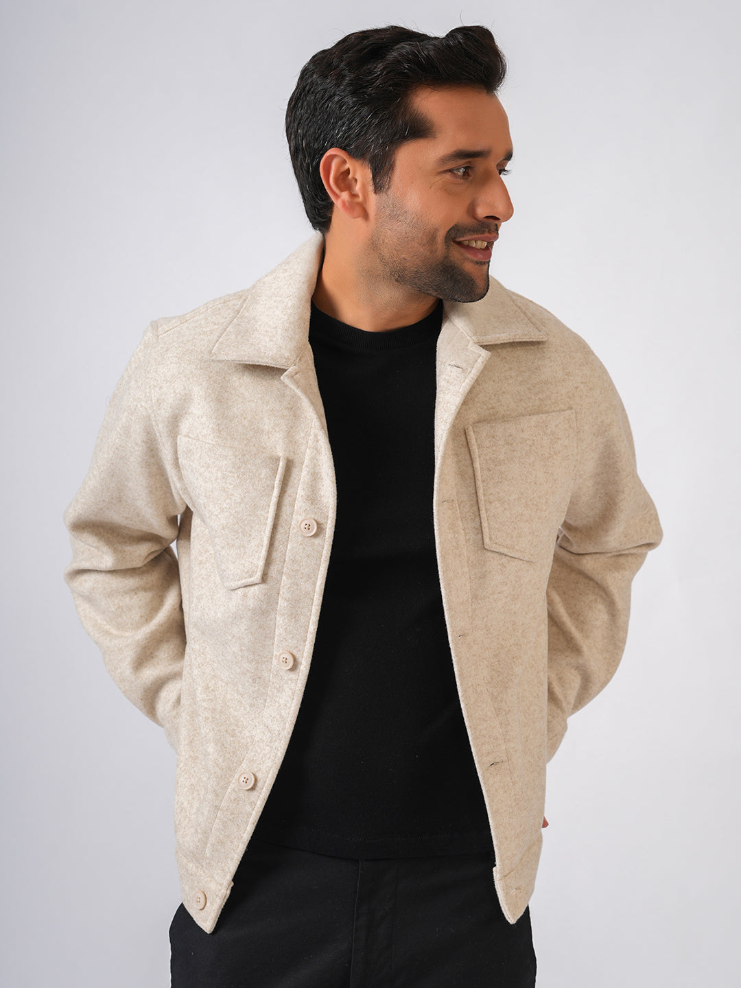 Cream Solid Woolen Crop Jacket