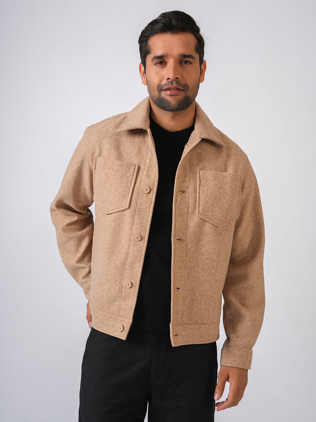 Fawn Solid Woolen Crop Jacket