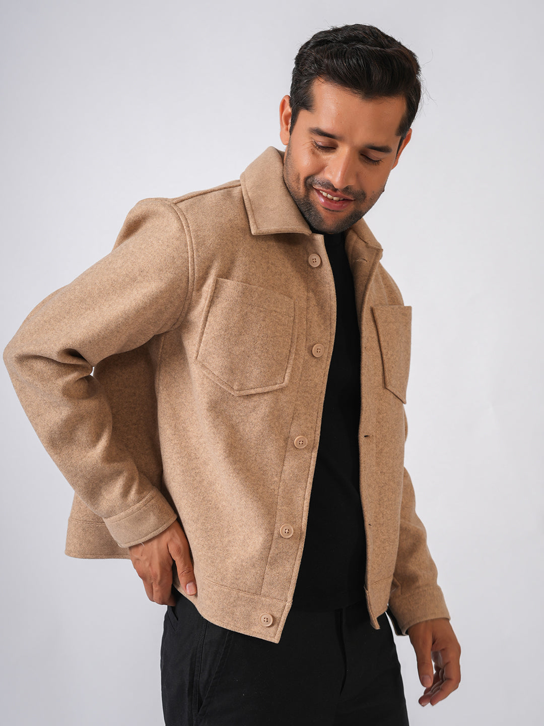 Fawn Solid Woolen Crop Jacket