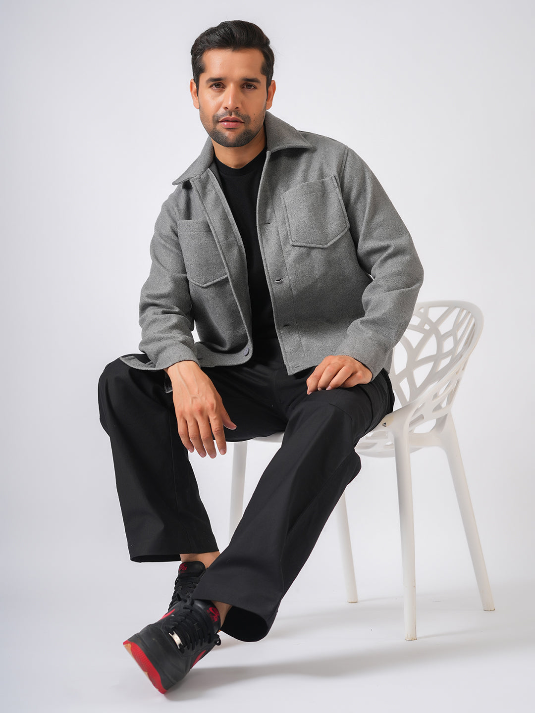 Grey Solid Woolen Crop Jacket