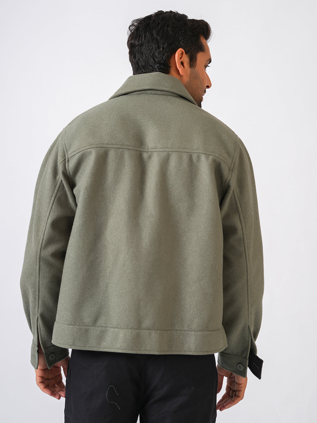 Pista Green Solid Woolen Crop Jacket