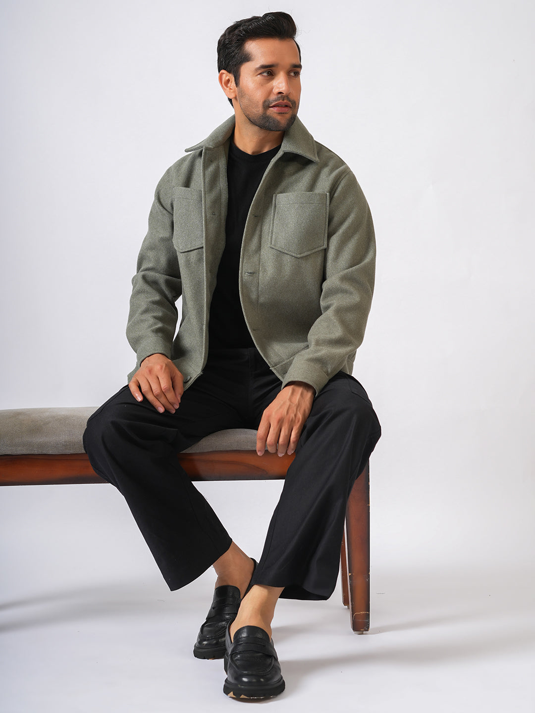 Pista Green Solid Woolen Crop Jacket