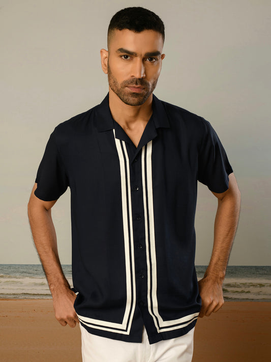 Navy Blue Printed Rayon Shirt