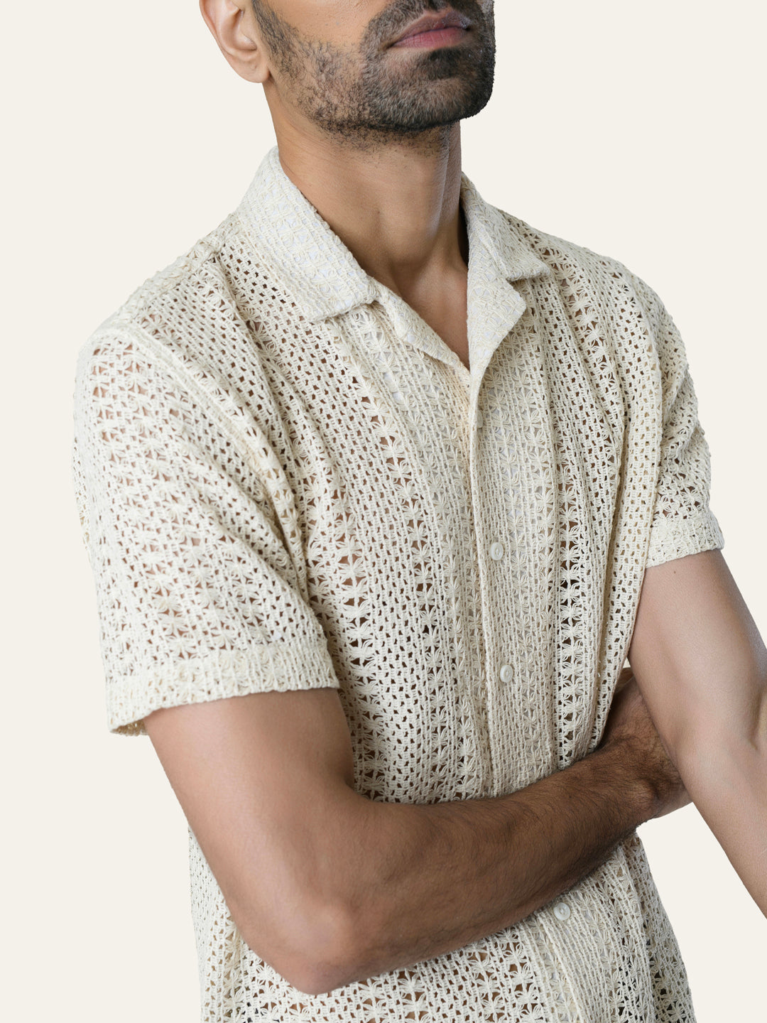 Cream Solid Crochet Shirt