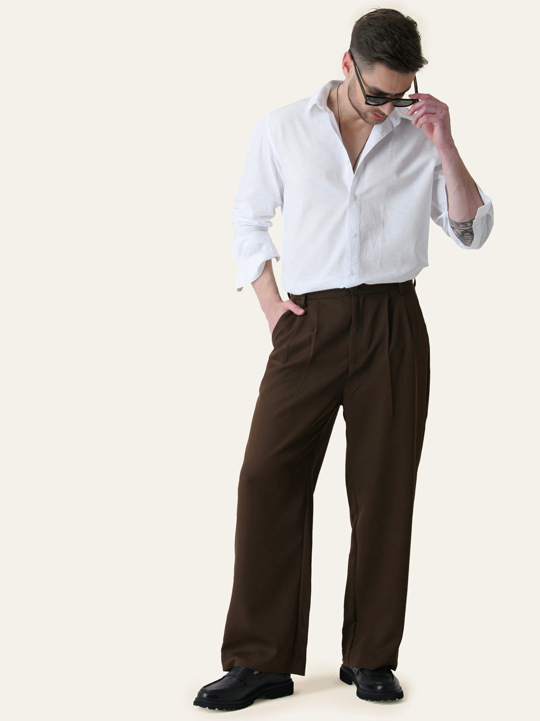 Brown Solid Pleated Korean Pants