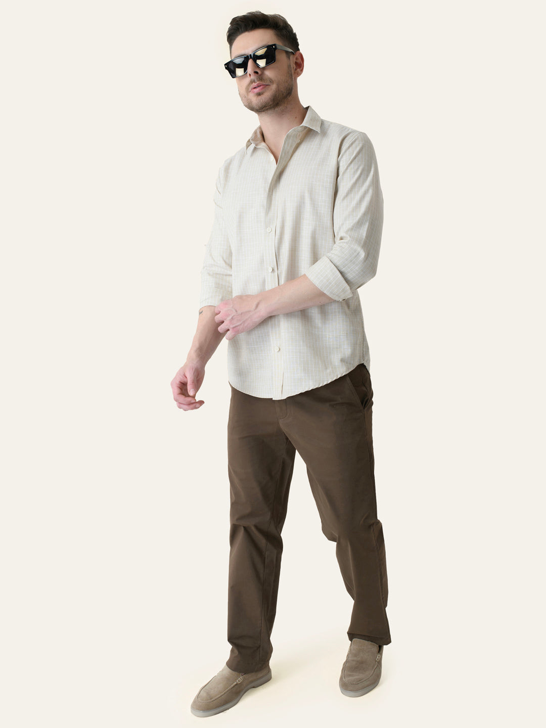 Beige Striped Slim Fit Linen Cotton Shirt