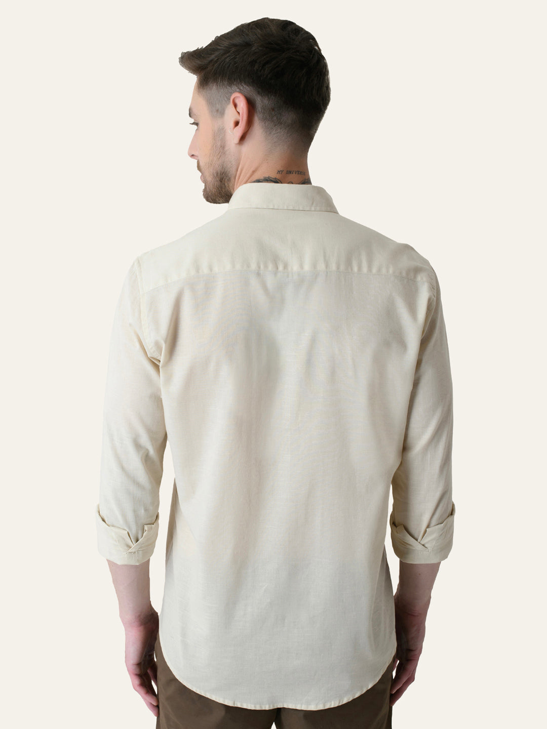 Cream Solid Slim Fit Linen Cotton Shirt