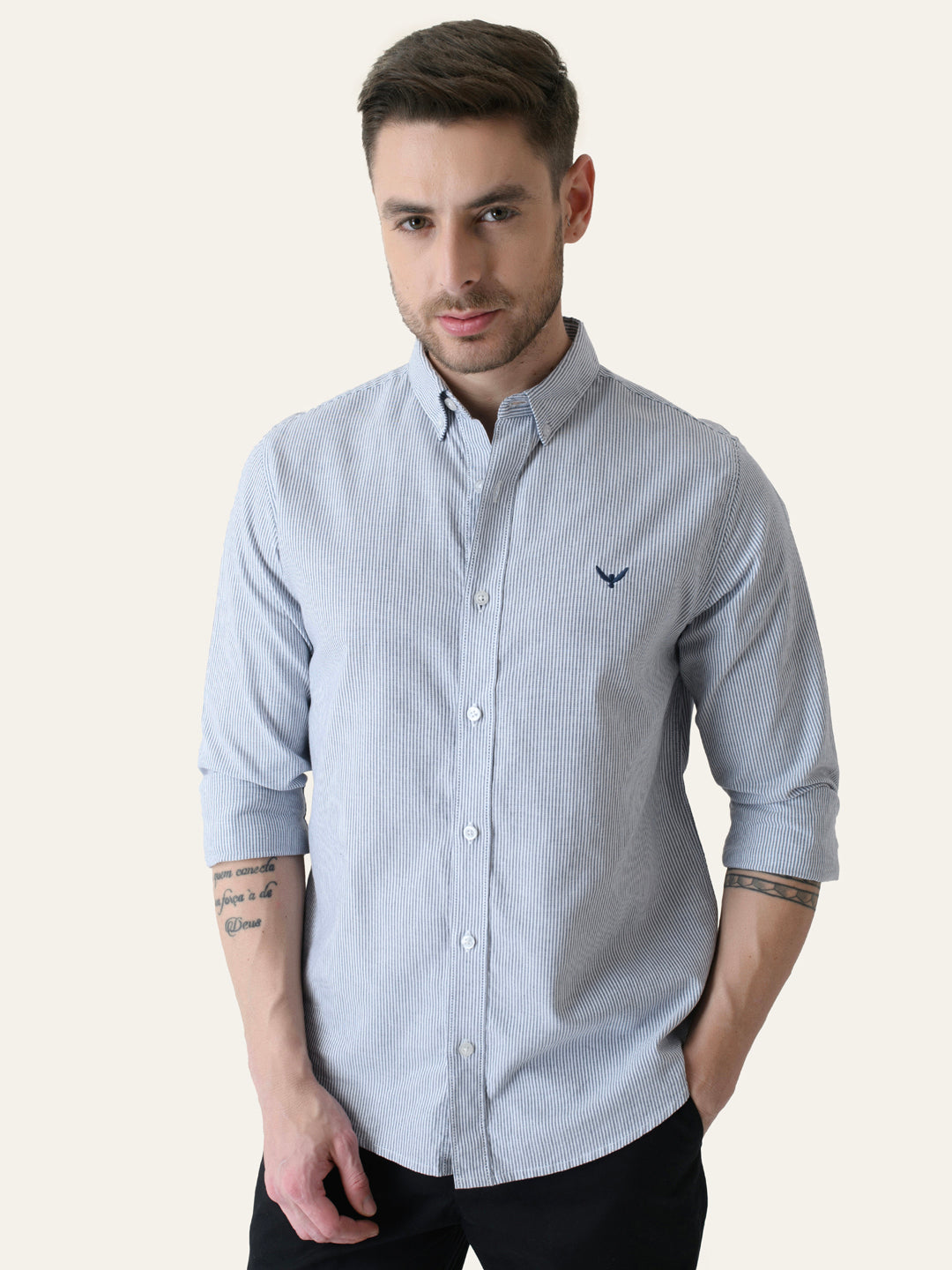 Navy Blue Striped Slim Fit Cotton Shirt