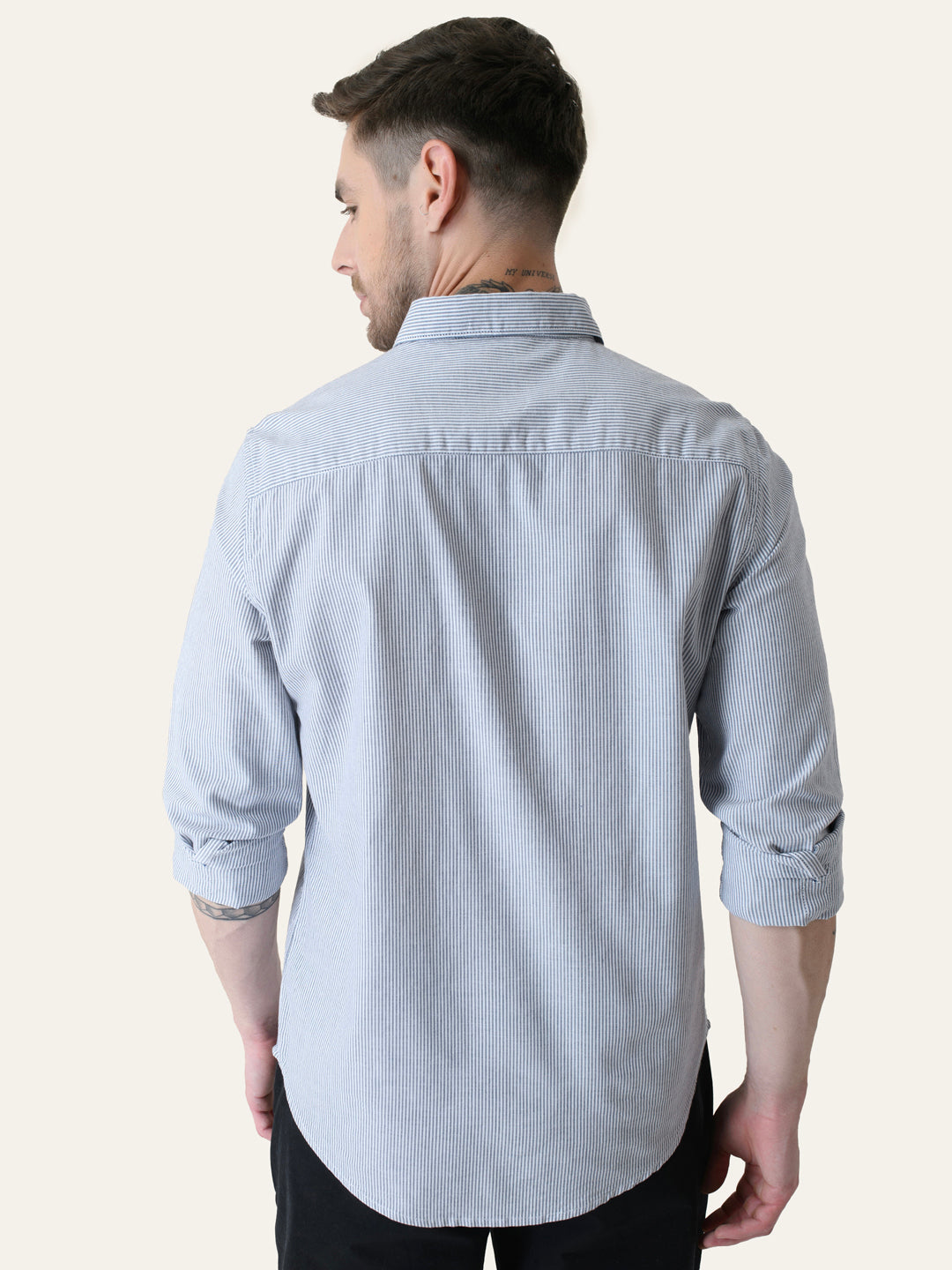 Navy Blue Striped Slim Fit Cotton Shirt