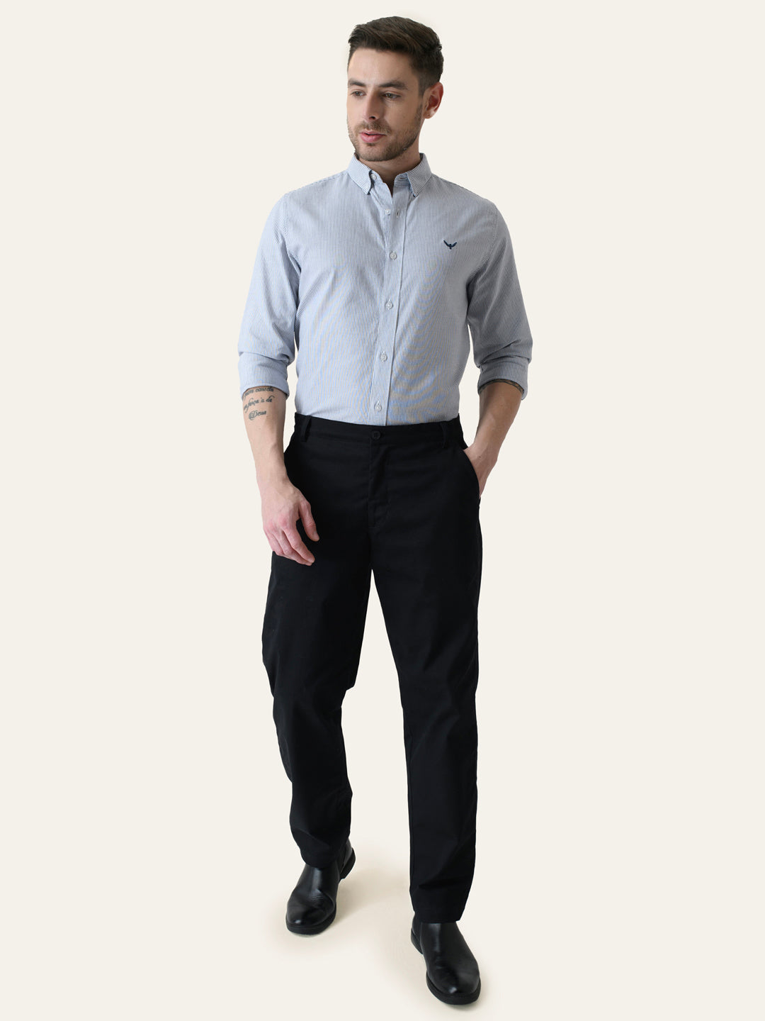 Navy Blue Striped Slim Fit Cotton Shirt
