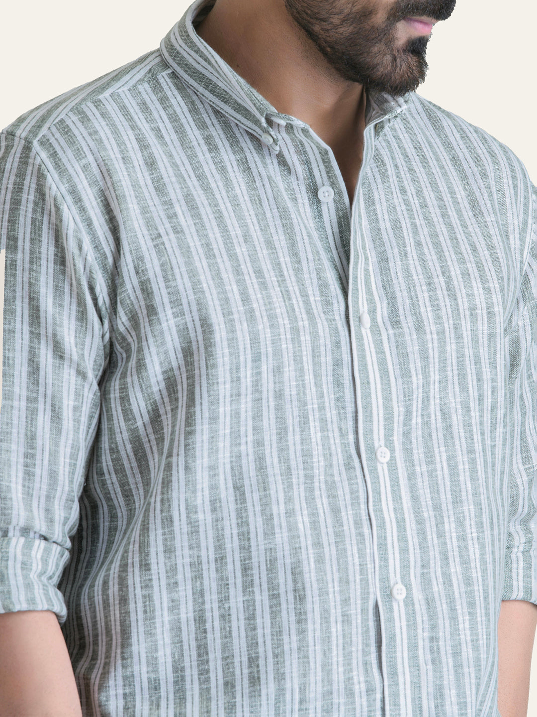 Green Striped Slim Fit Linen Cotton Shirt