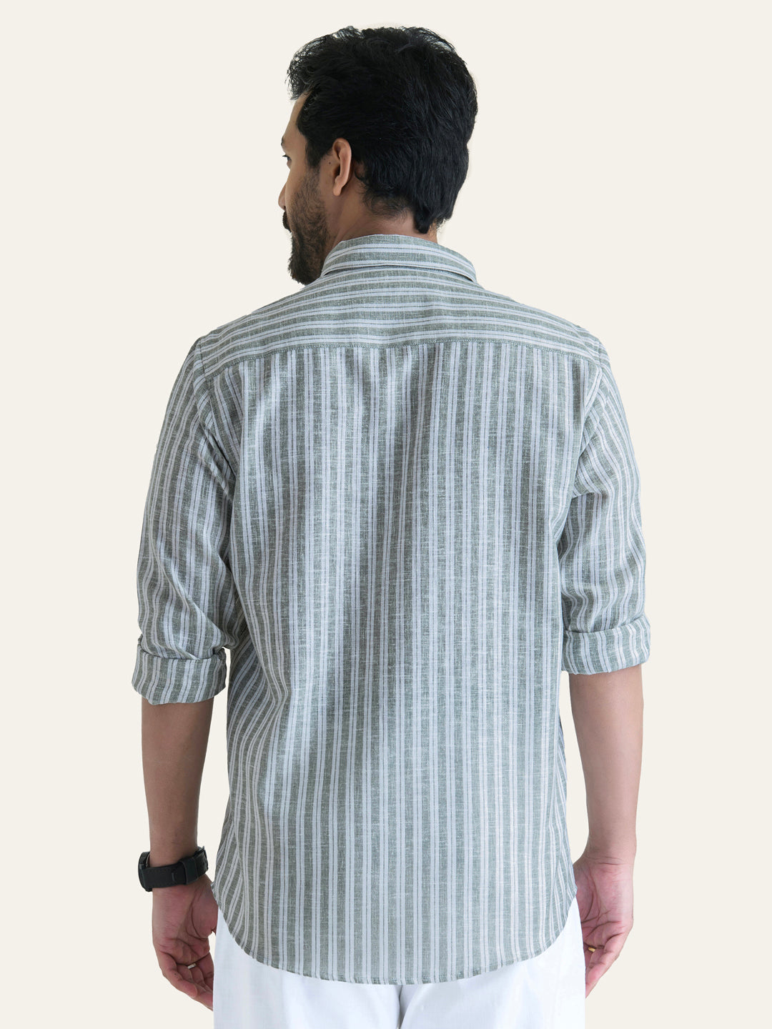 Green Striped Slim Fit Linen Cotton Shirt