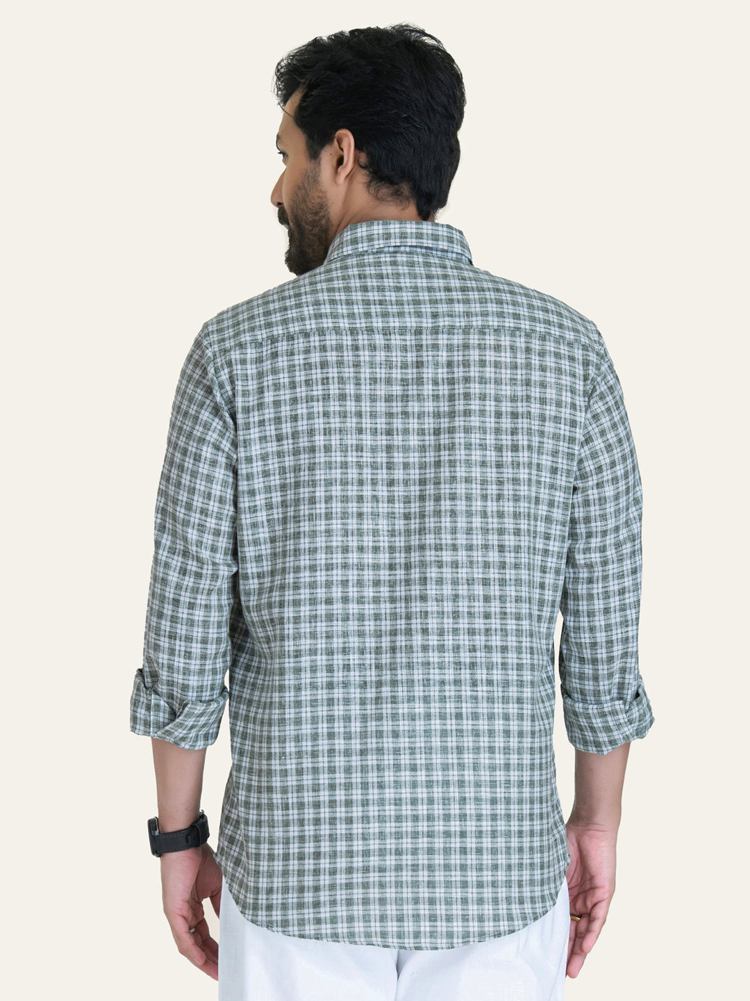 Green Checked Slim Fit Linen Cotton Shirt