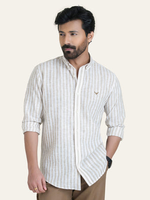 Beige Striped Slim Fit Linen Cotton Shirt