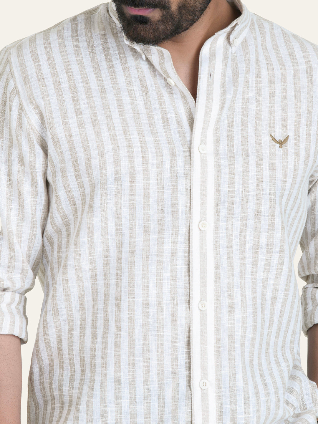 Beige Striped Slim Fit Linen Cotton Shirt