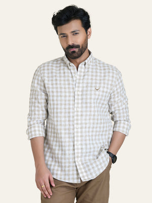 Beige Checked Slim Fit Linen Cotton Shirt