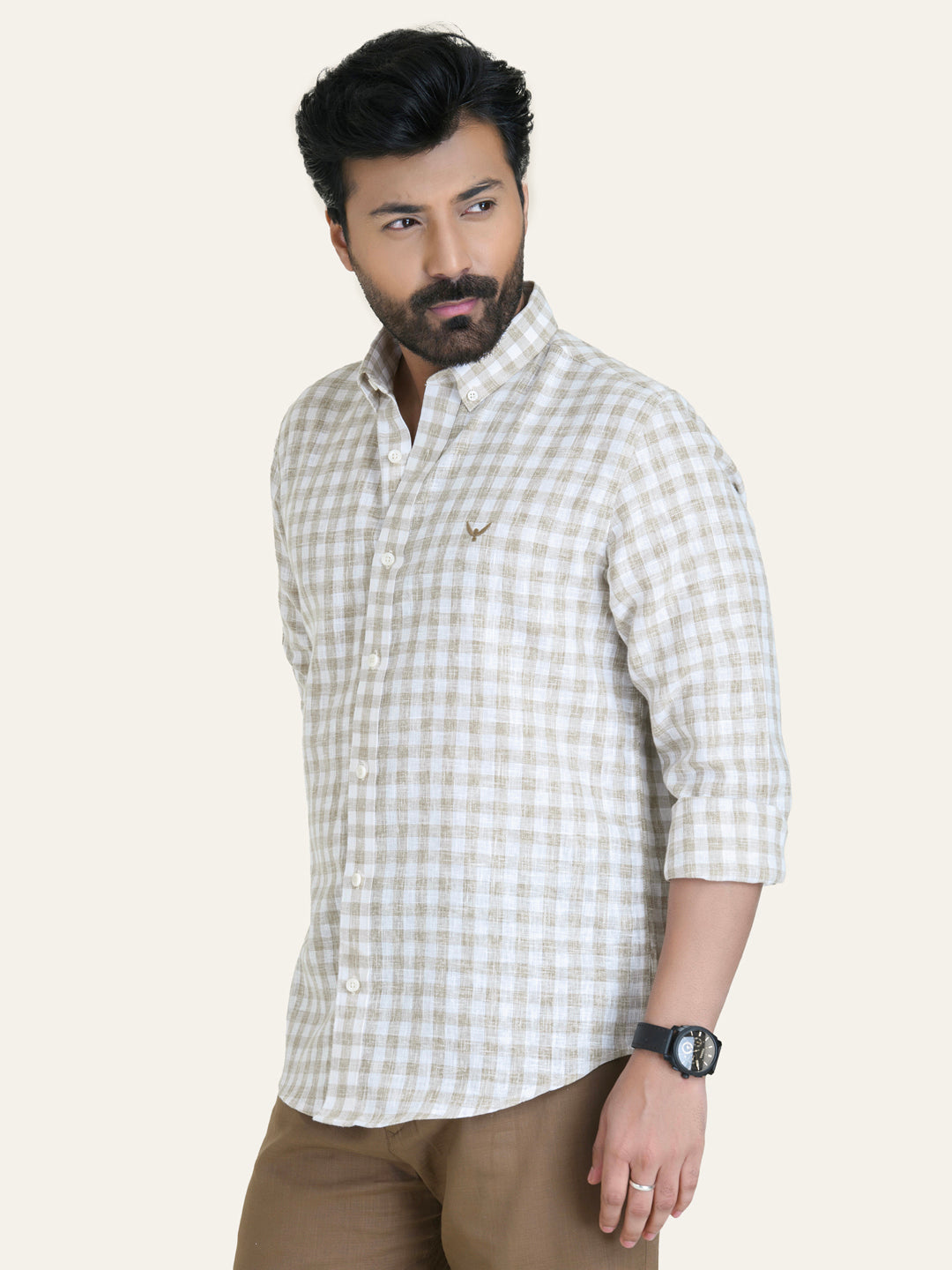 Beige Checked Slim Fit Linen Cotton Shirt