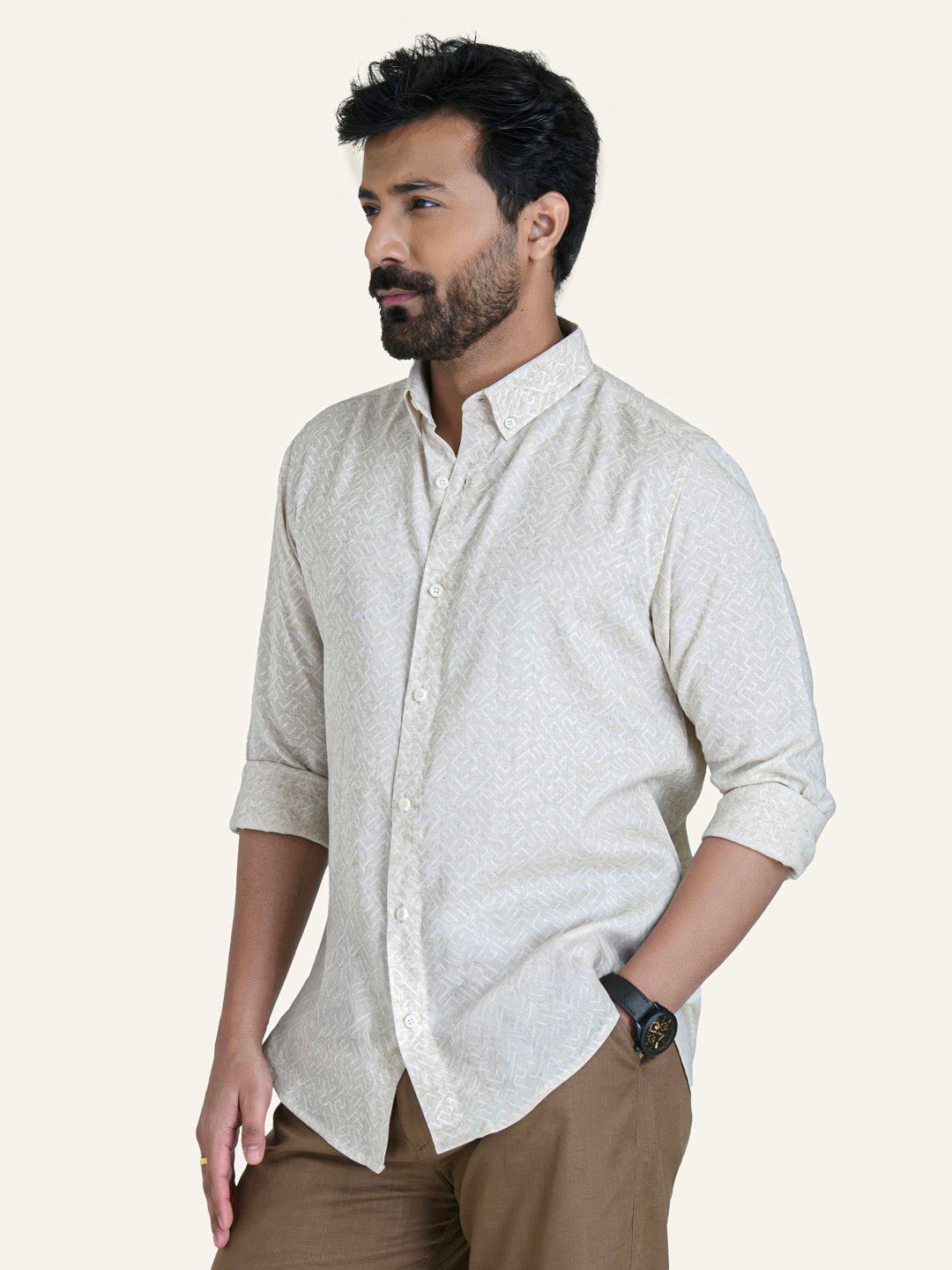 Beige Color Abstract Print Linen Cotton Shirt
