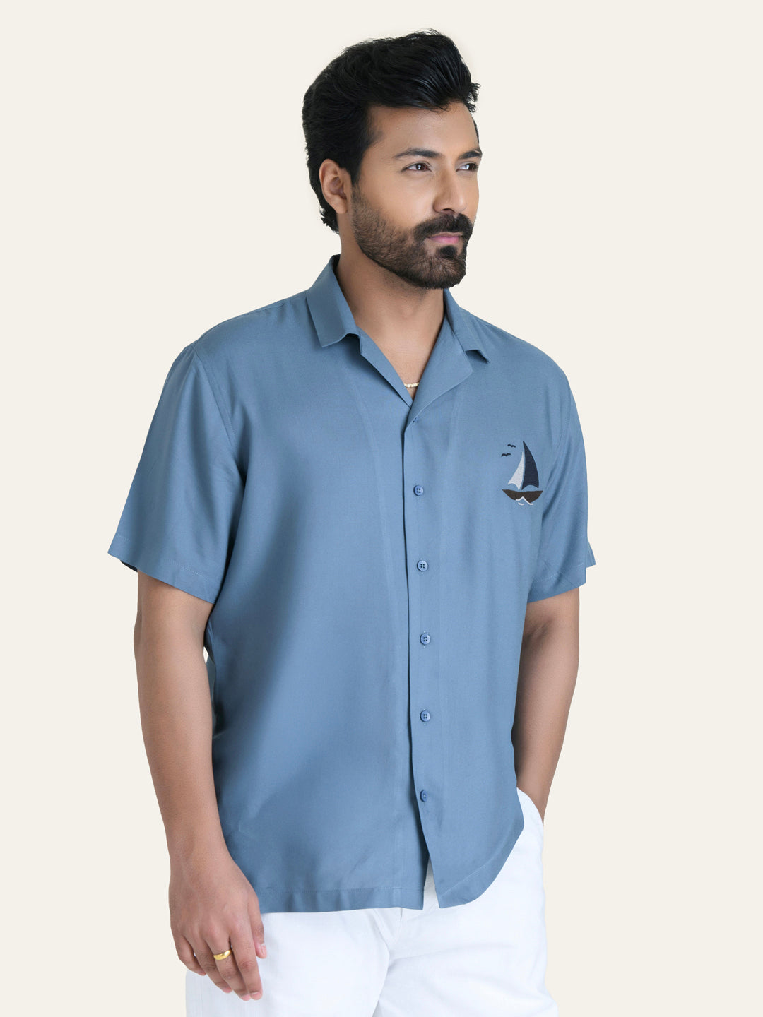 Blue Embroidery Rayon Shirt