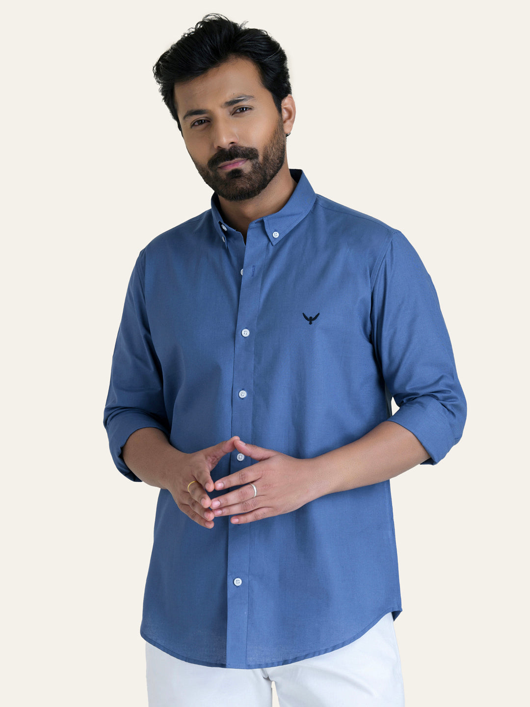 Royal Blue Solid Slim Fit Linen Cotton Shirt
