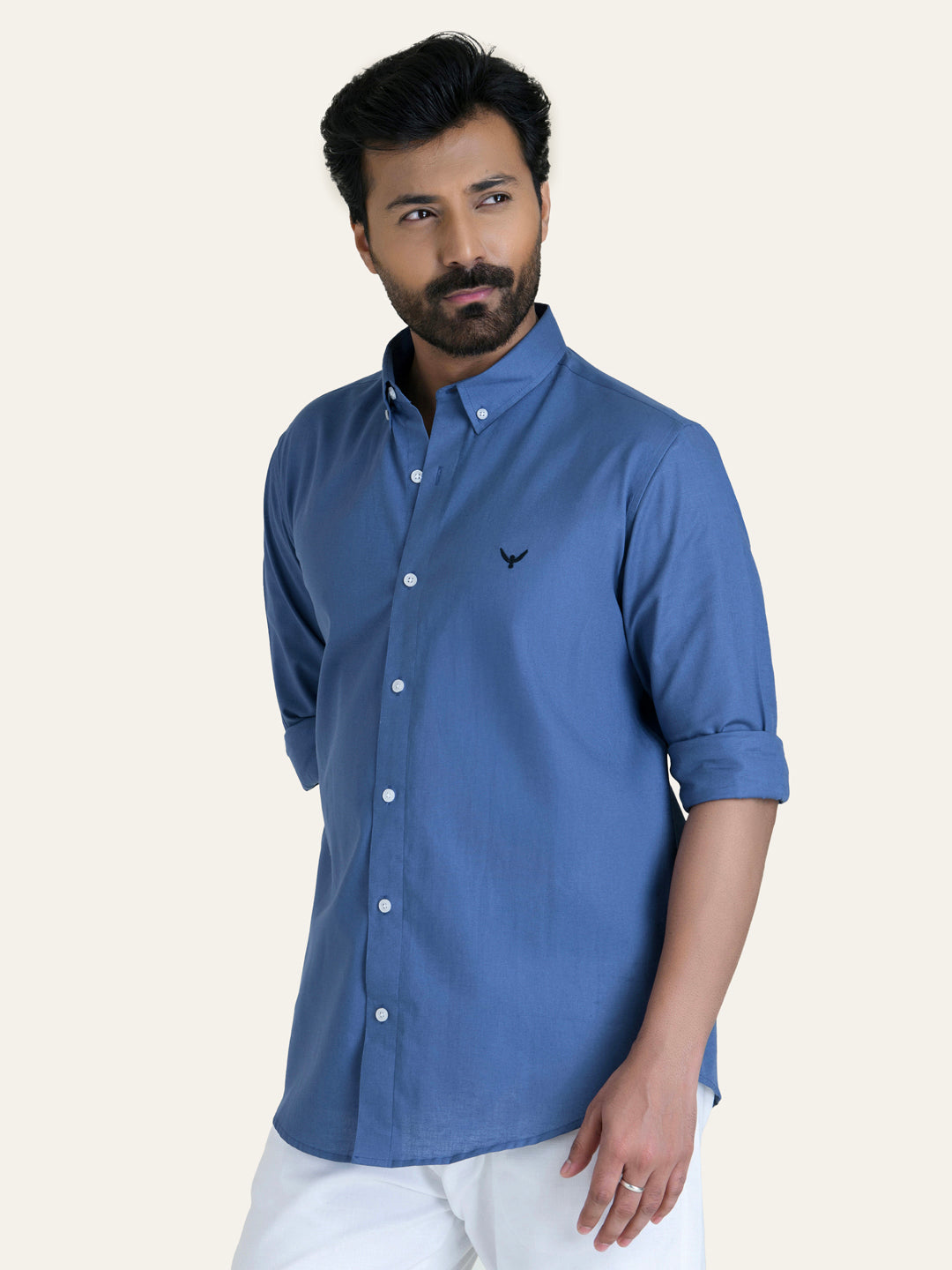 Royal Blue Solid Slim Fit Linen Cotton Shirt