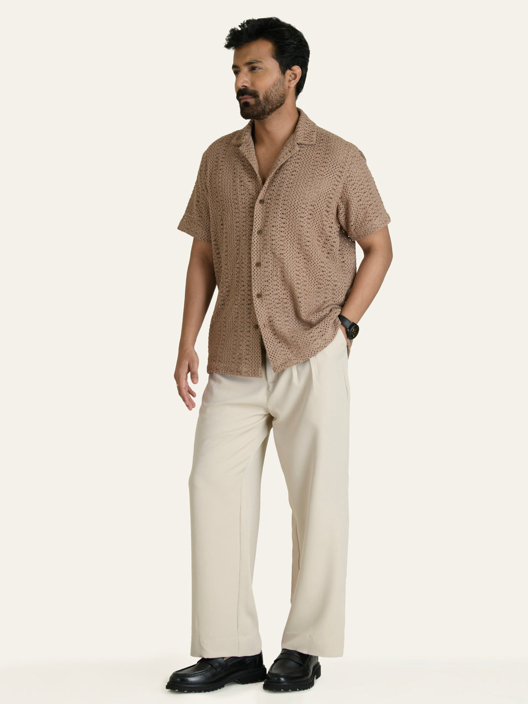 Brown Solid Crochet Shirt