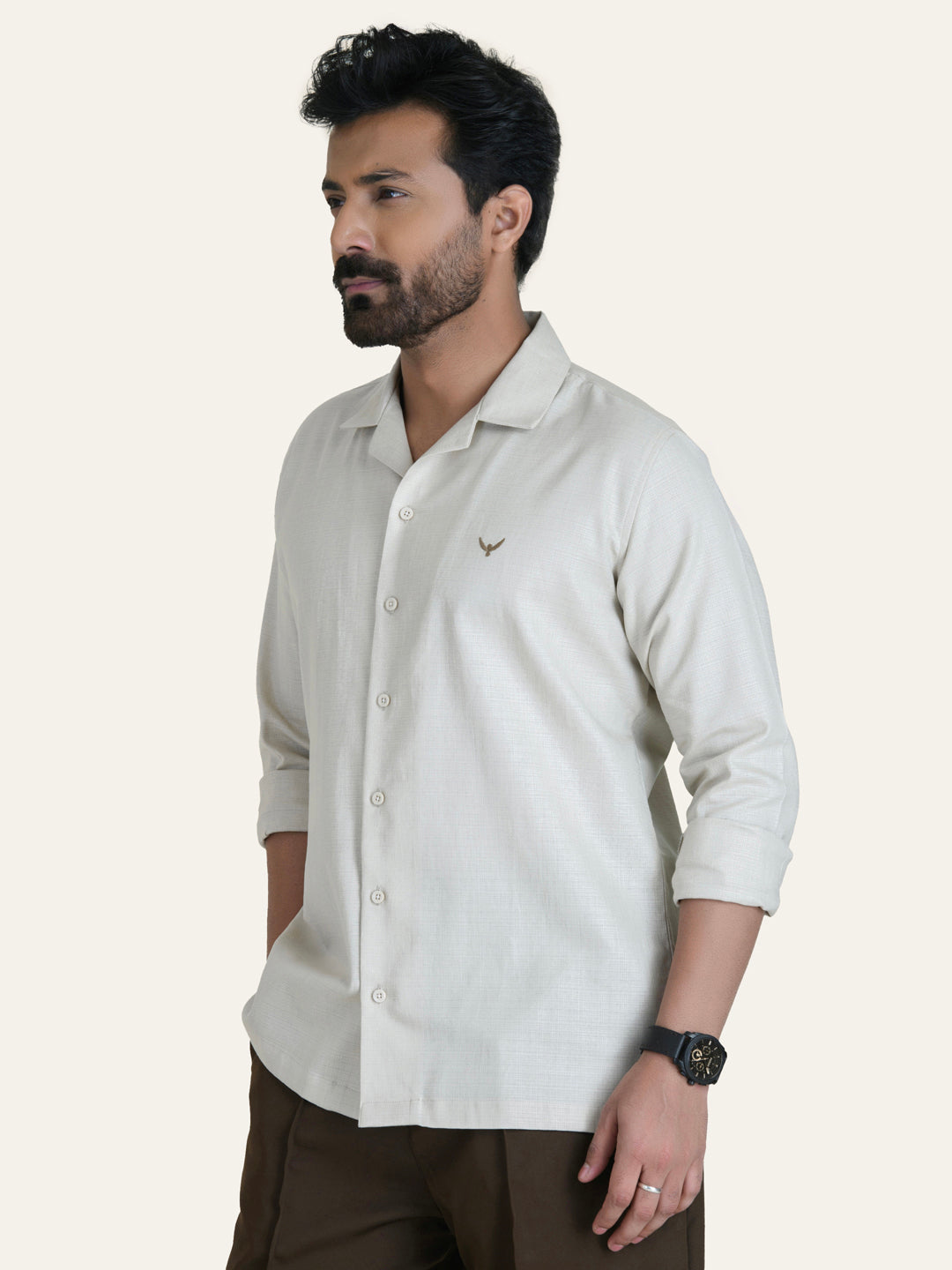 Beige Solid Linen Cotton Shirt