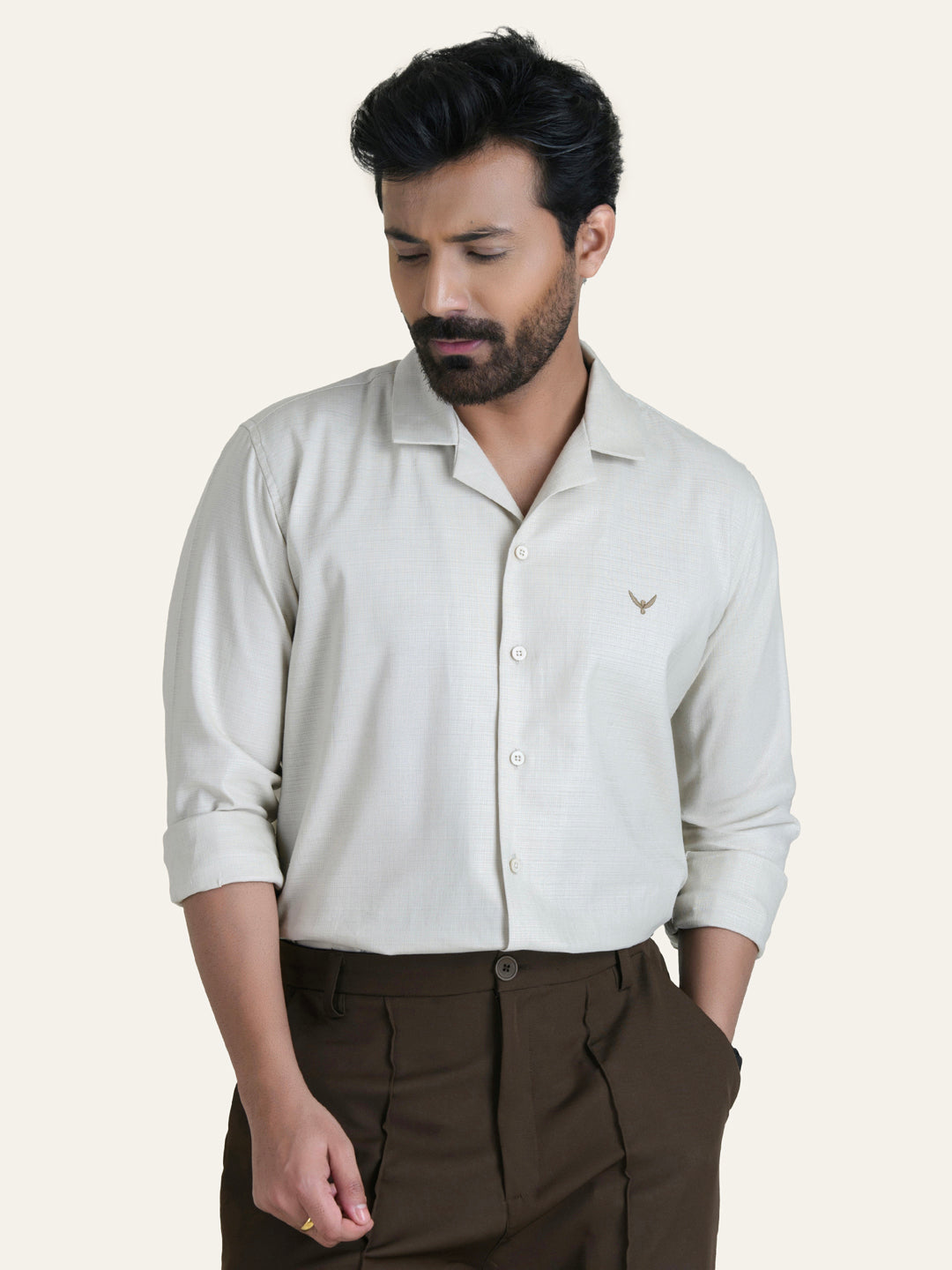 Beige Solid Linen Cotton Shirt