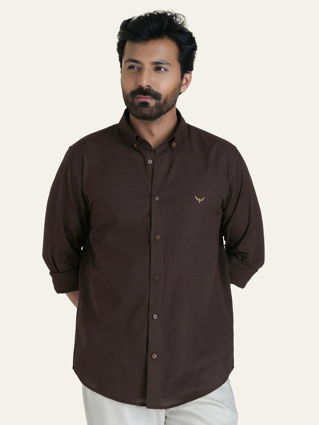 Dark Brown Solid Slim Fit Linen Cotton Shirt