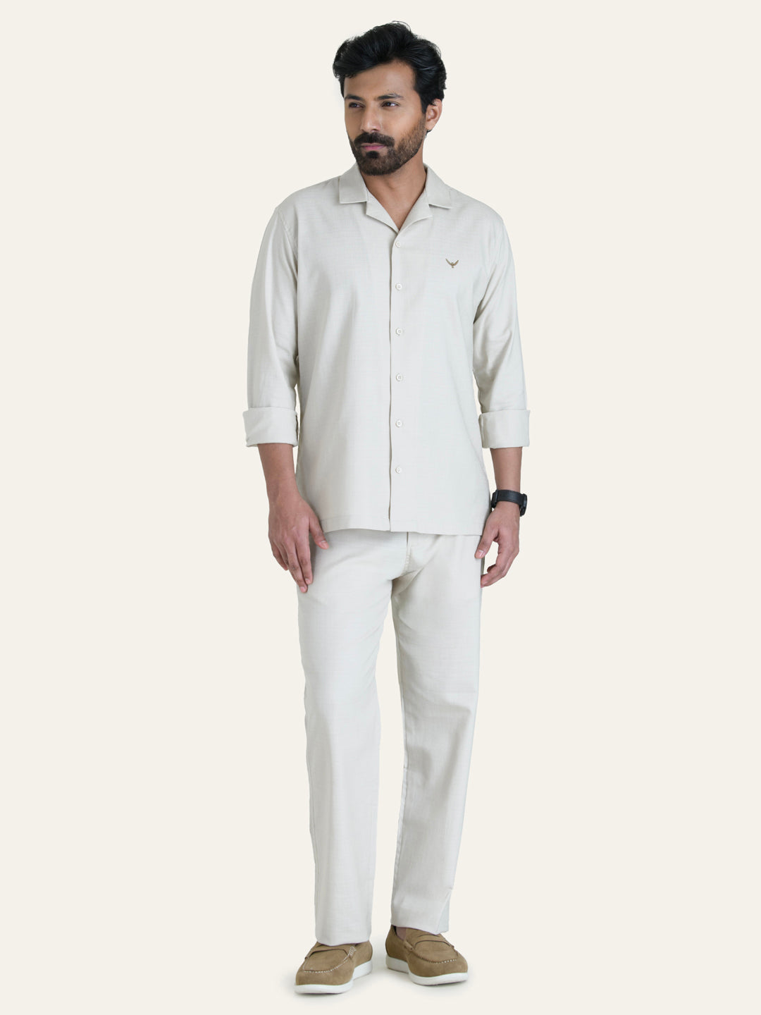 Beige Solid Linen Cotton Shirt