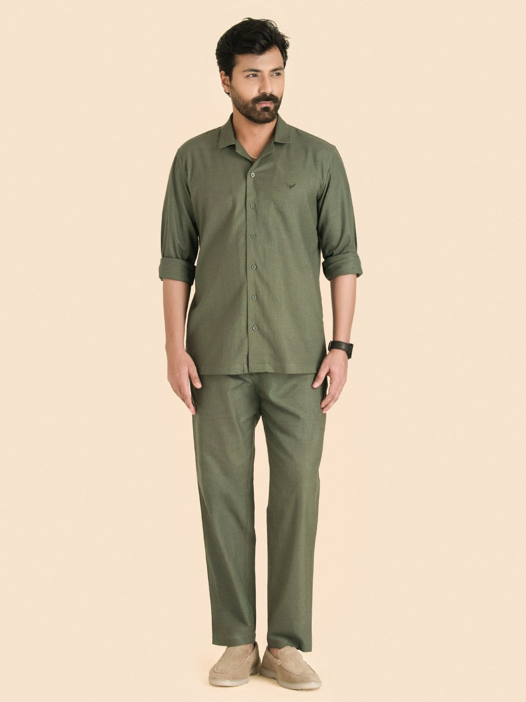 Olive Green Solid Linen Cotton Shirt