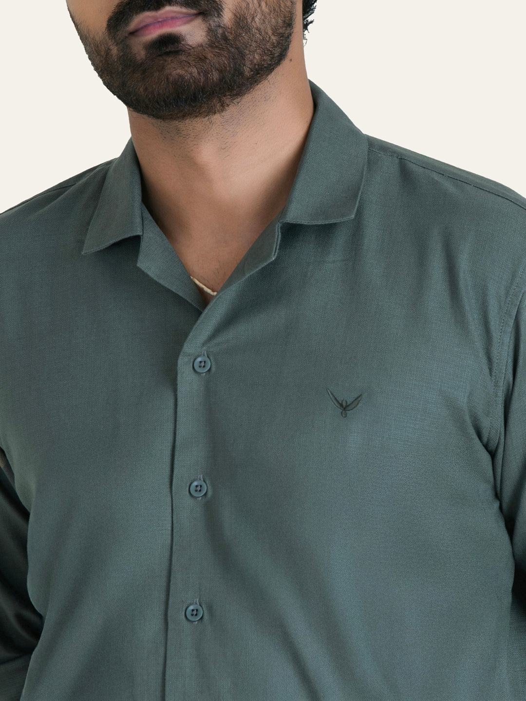 English Green Linen Solid Shirt Pants Co-ord Set.