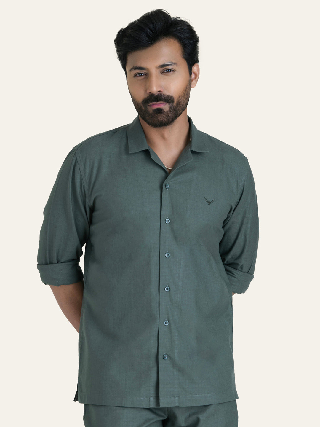 English Green Linen Solid Shirt Pants Co-ord Set.
