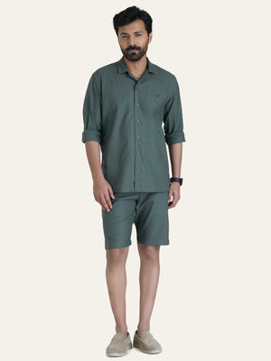 English Green Linen Solid Shirt Shorts Co-ord Set.