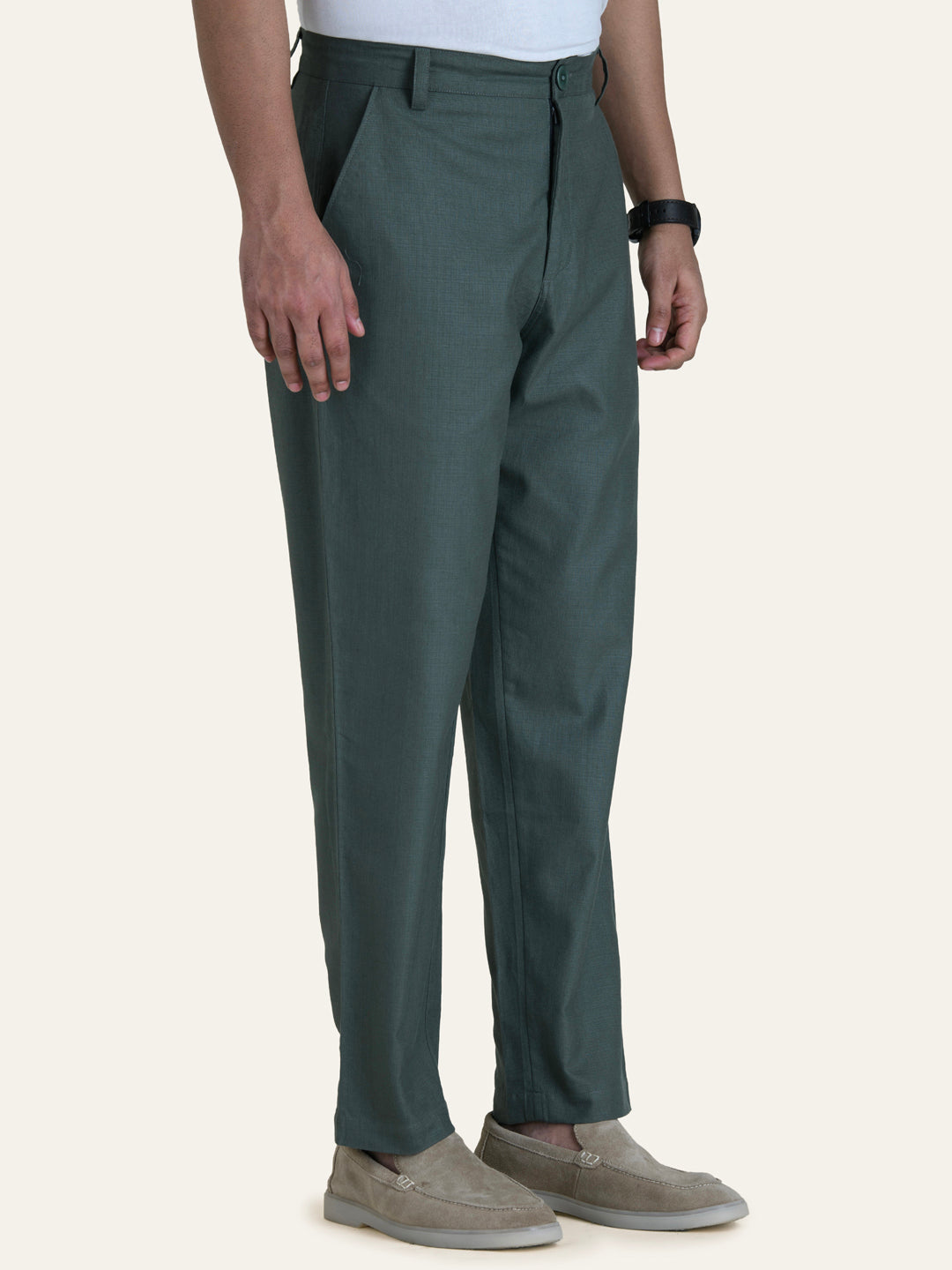 English Green Linen Solid Shirt Pants Co-ord Set.